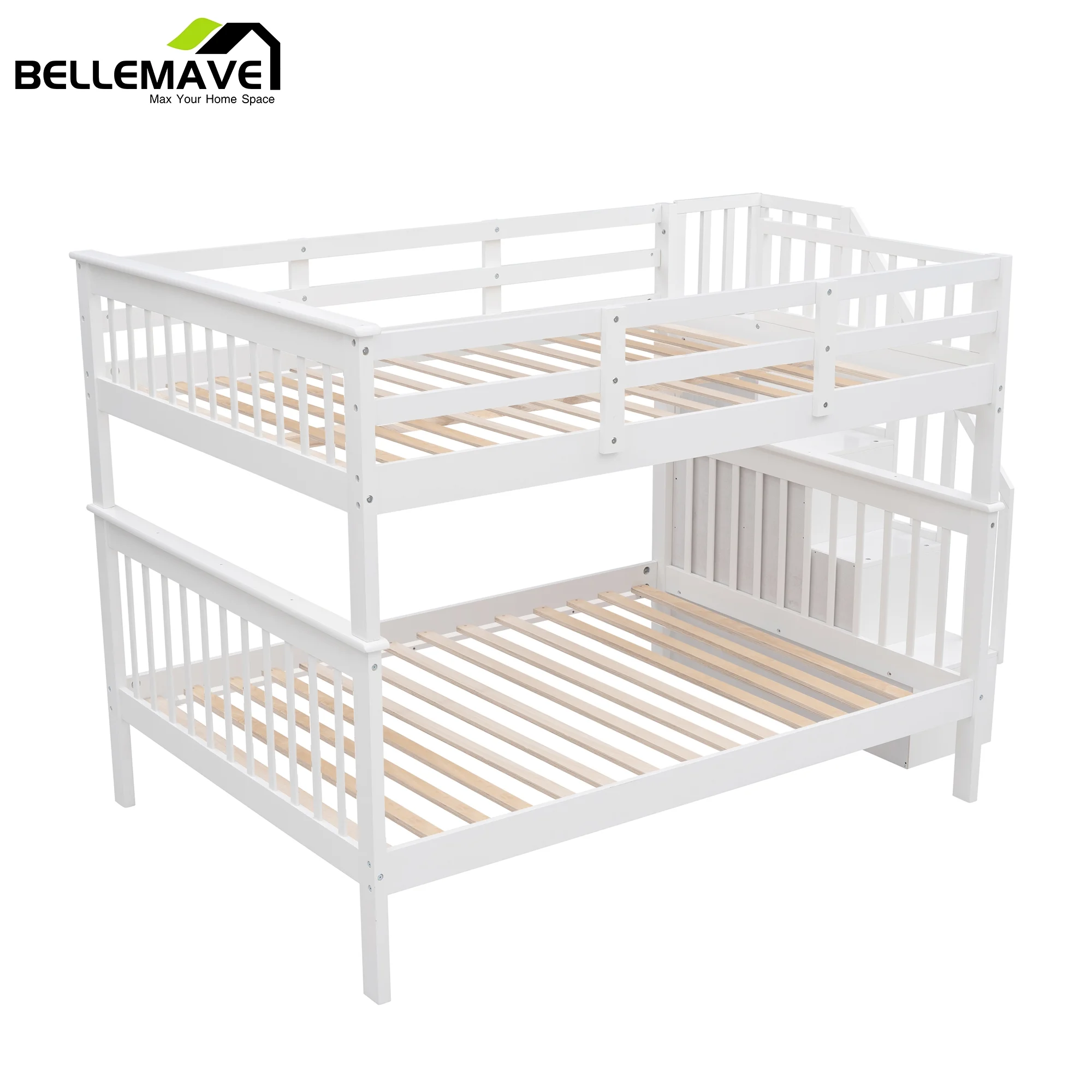 BELLEMAVE Full over Full Bunk Beds for Kids, Kids Bunk Beds with Storage Stairs and Full-Length Guardrail, Convertible Into 2 Bed