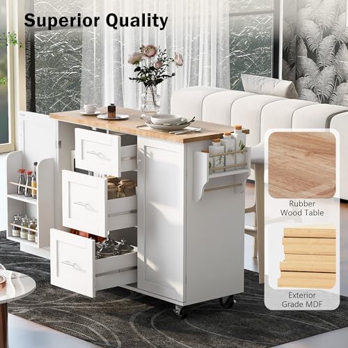 53.5''Farmhouse Kitchen Island with Power Outlet, Kitchen Storage Island with Drop Leaf, Spice Rack and Drawer, Rolling Kitchen Cart on Wheels