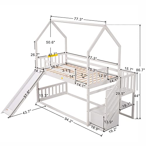 Merax Twin Over Twin House Bunk Bed Frames with Slide and Storage Staircase, No Box Spring Needed, White