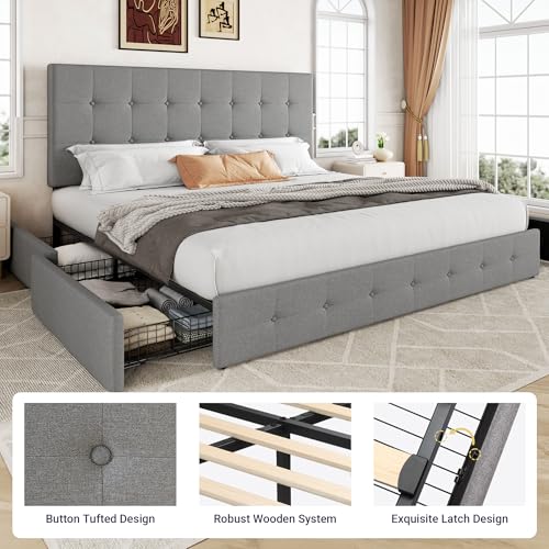 Allewie Upholstered Queen Size Platform Bed Frame with 4 Storage Drawers and Headboard, Square Stitched Button Tufted