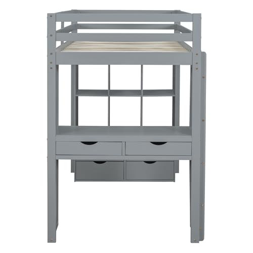 Full Size Loft Bed with Desk & Wardrobe, Solid Wood Kids Loft Bedframe w/3 Storage Drawers & 2 Shelves, Maximum Space Design, for Bedroom, Dorm, Gray