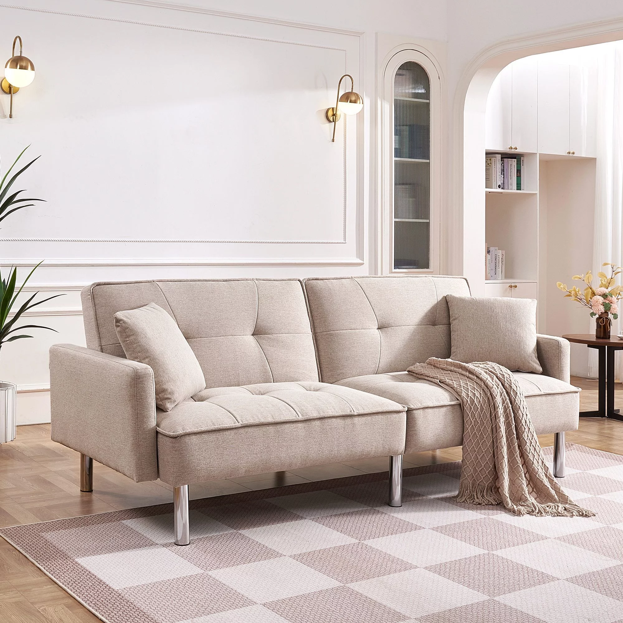 Moootto  84.6 in. Extra Long Modern Tufted Beige Fabric Futon Adjustable Sofa Bed & Folding Daybed Guest Bed, Upholstered Modern Convertible Sofa