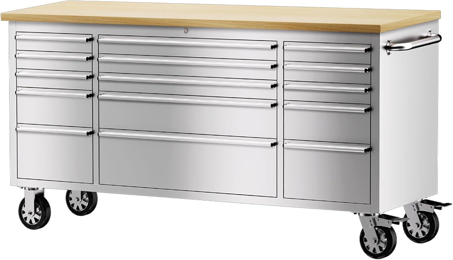 72-inch Stainless Steel Tool Chest with Wheels, 15 Drawers Rolling Storage Tool Cabinet, Heavy Duty Workbench Table with Wood Top, Lock and Liner