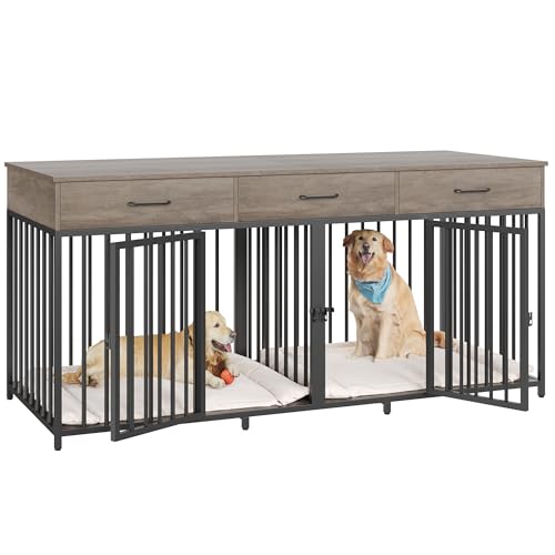 HOSTACK Double Dog Crates Furniture, 71" Wide Indoor Dog Kennel with 3 Drawers, Farmhouse Dog Cage for 2 Large/Medium Dogs