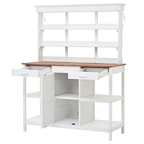 Merax 66" Large Outdoor Farmhouse Wooden Potting Bench Table, Garden Workstation with 2 Drawers, Cabinet, and Open Shelves for Backyard, Mudroom
