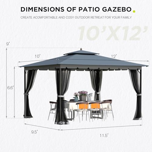 [Upgraded] 10x12 Gazebo with Mosquito Netting,Sturdy Metal Outdoor Patio Gazebo[Heavy Duty Frame],Canopy Tent with Dual Air Roof,Patio Canopy Tent