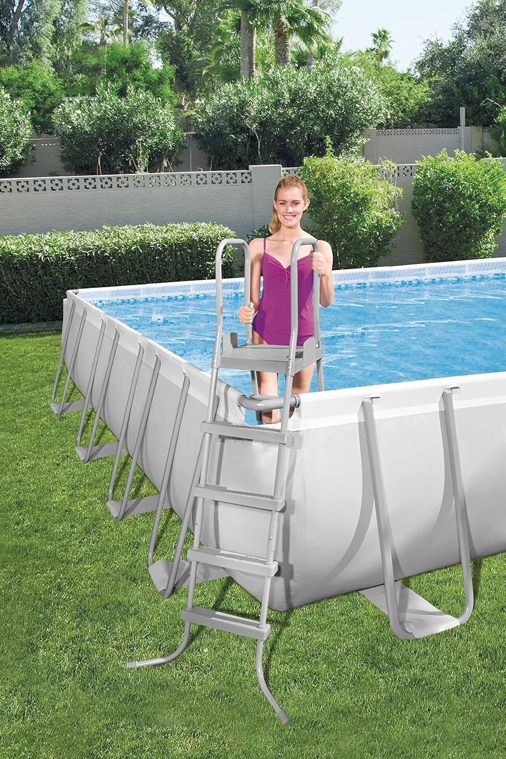 Bestway 56711E Power Steel 18' x 9' x 48 Outdoor Oval Frame Above Ground Swimming Pool Set with 1500 GPH Cartridge Filter Pump, Cover, & Ladder, Gray