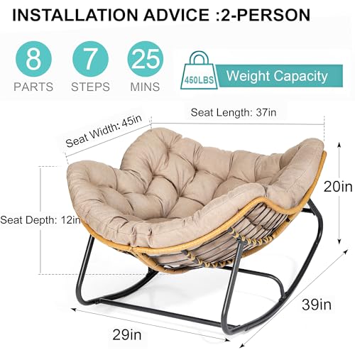 SWITTE Outdoor Rocking Chair, Oversized Patio Papasan Rocker, Comfy Wicker Reading Lounge, Indoor Egg Chair for Bedroom, Living Room, Porch, Garden