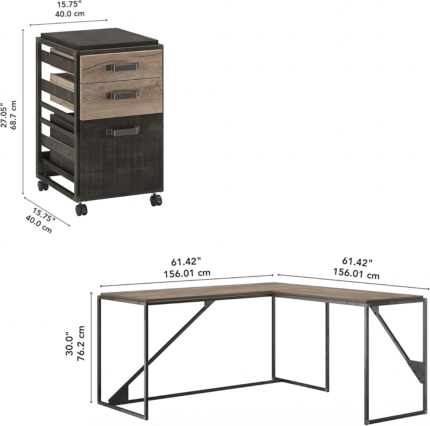Bush Furniture Refinery L Shaped Industrial Desk with 3 Drawer Mobile File Cabinet, 62W, Rustic Gray