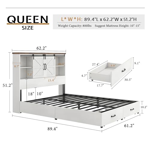VanAcc Full Size Bed Frame, Wooden Platform Storage Bed with 51.2" Bookcase Headboard, 2 Drawers
