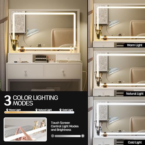 Haewon Vanity Desk with Lighted Mirror and Charging Station, Makeup Vanity Table Set with 4 Drawers and Storage Chair