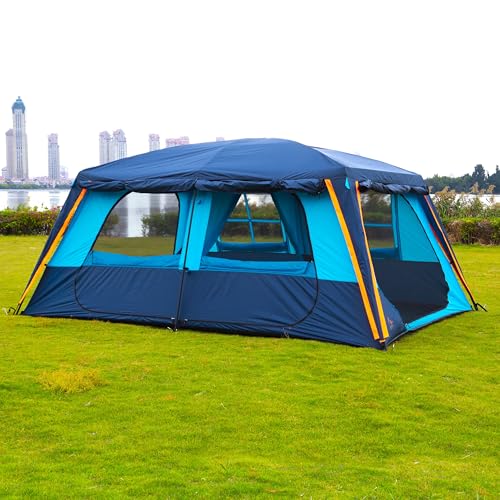 KTT Extra Large Tent 10-12-14 Person(B),Family Cabin Tents,2 Rooms,3 Doors and 3 Windows with Mesh,Straight Wall,Waterproof,Double Layer