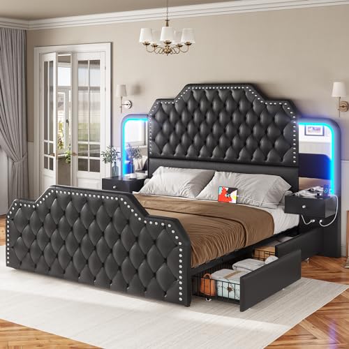 Itaar Queen Bed Frame with 53" Tall Headboard and 4 Storage Drawers, PU Leather Upholstered Platform Bed Frame, Built in Charging Station & Led