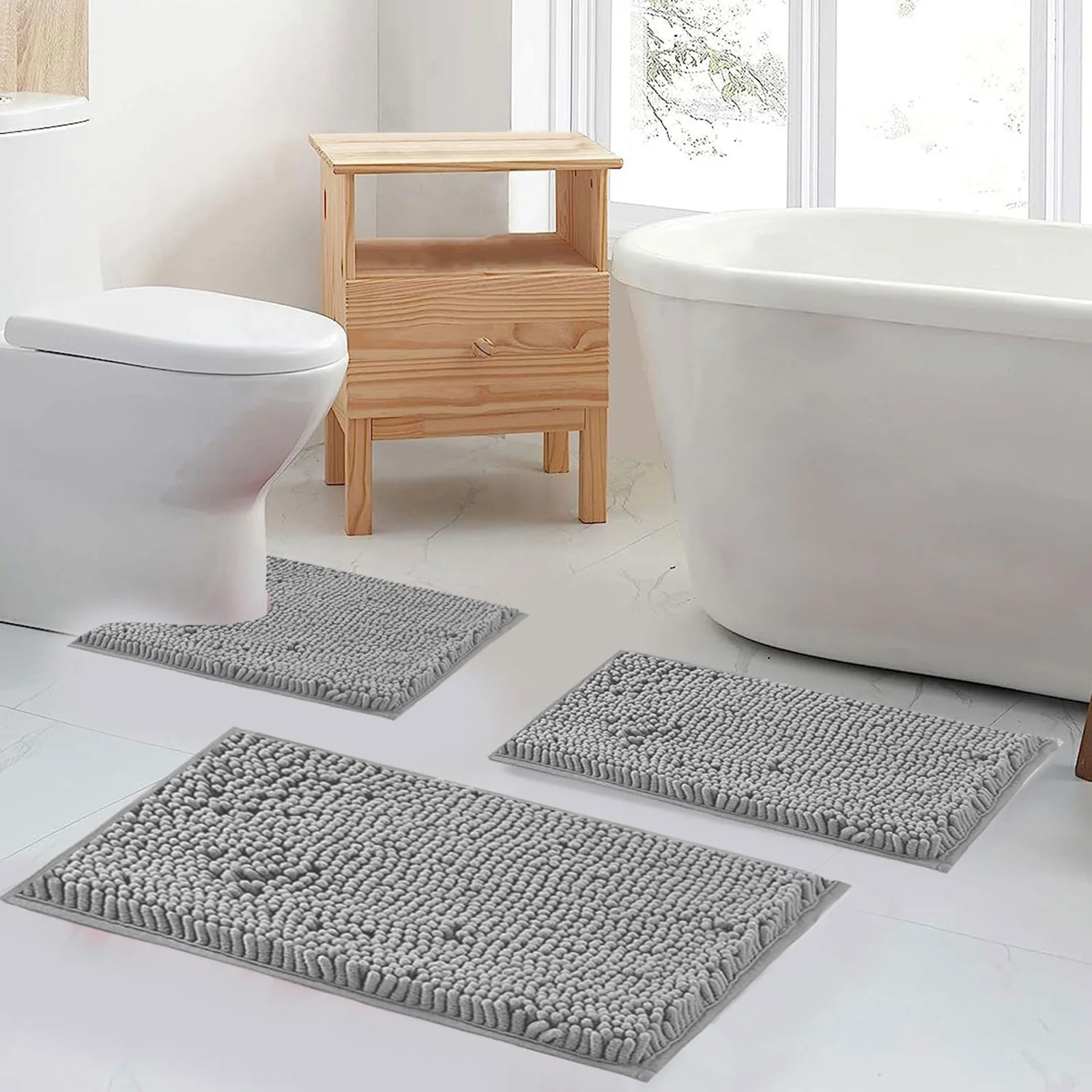 Tripumer 3 Pcs Chenille Bathroom Rug Sets Shaggy Bath Mat Set Carpet Extra Thick Soft Absorbent Bath Rugs Soft Non Slip Machine Wash Light Gray