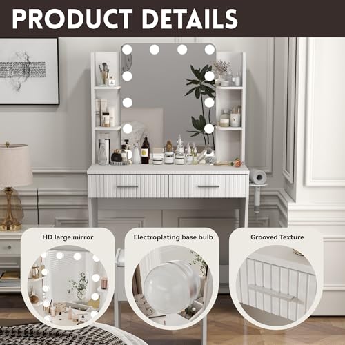 Vanity Desk with LED Lighted Mirror, Makeup Vanity with 3 Adjustable Lights, 2 Large Drawers and 4 Open Shelves