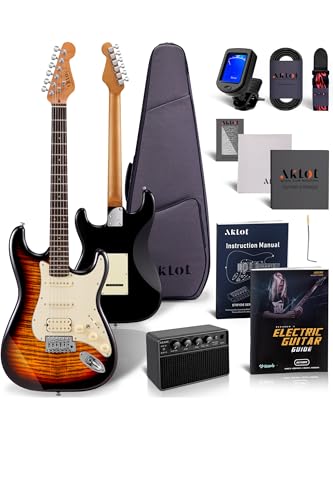 AKLOT Stryde Electric Guitar with Coil-Split: Roasted Maple Neck, Flame Maple Graphic Top, HSS Ceramic Pickups, Beginner Guitar Kit with 10W Amp