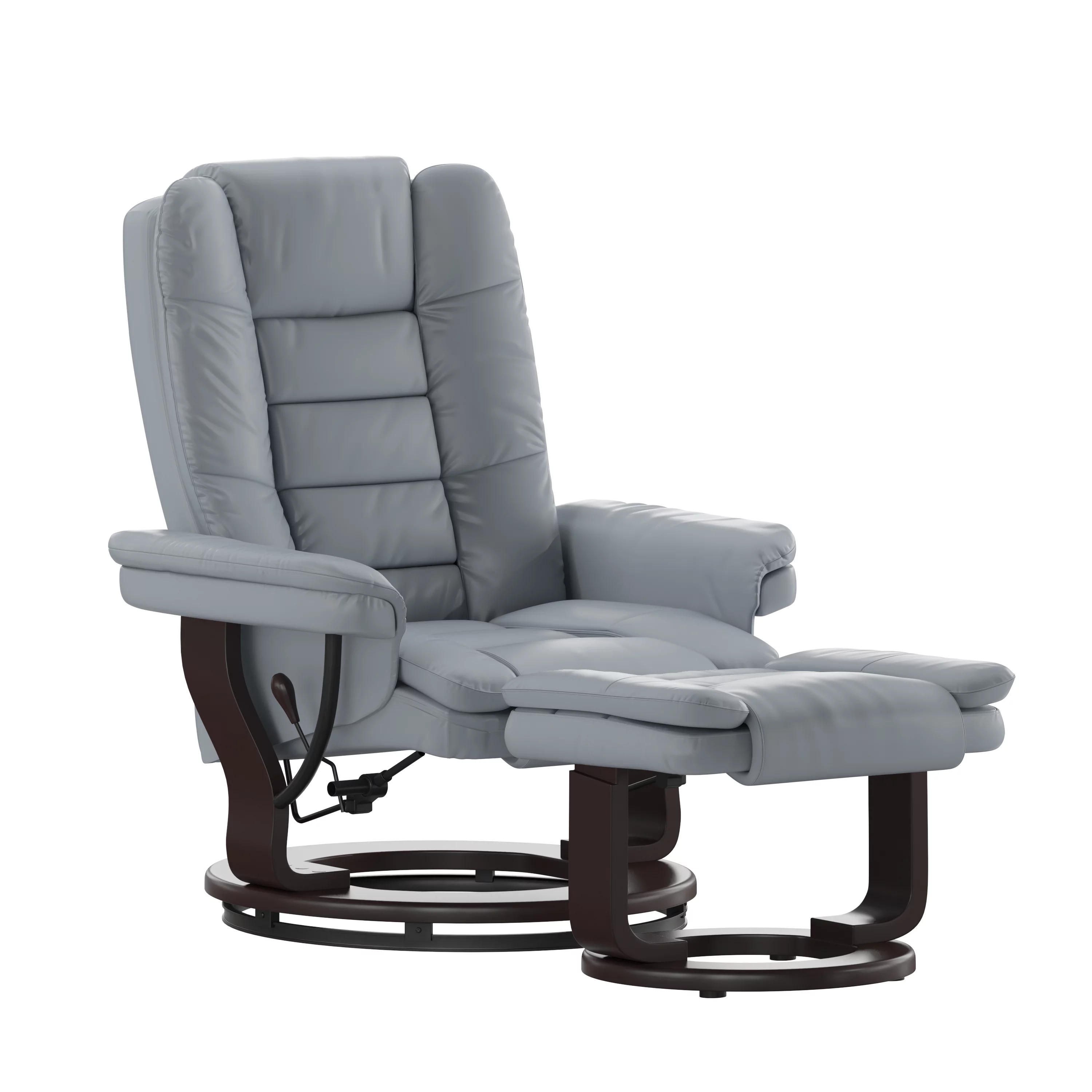 Emma + Oliver Contemporary Multi-Position Recliner with Horizontal Stitching and Ottoman with Swivel Mahogany Wood Base in Gray Faux Leather