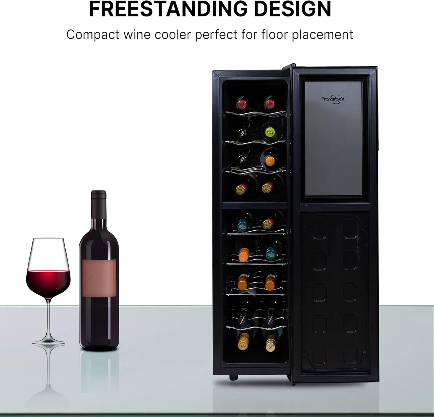 Koolatron 18 Bottle Slim Dual Zone Wine Cooler, Black Thermoelectric Wine Fridge, 1.9 cu. Ft (53L) Freestanding Wine Cellar, Red, White