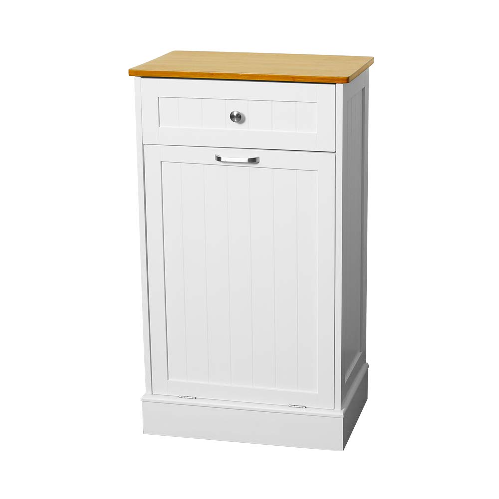 U-Eway Wooden Tilt Out Trash Cabinet Free Standing Kitchen Trash Can Holder or Recycling Cabinet with Hideaway Drawer, Removable Cutting Board (Grey)