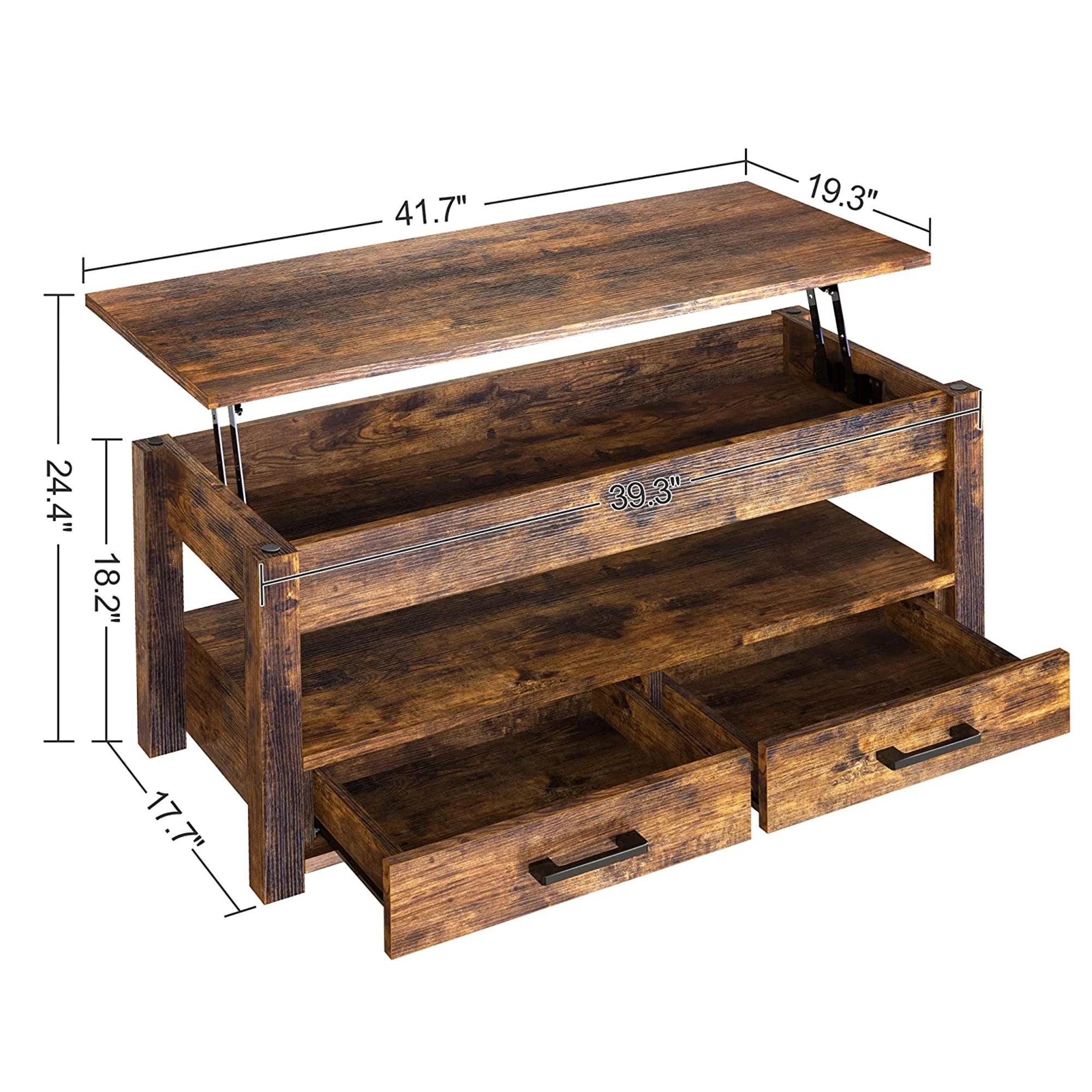 FABATO 23 In Lift Top Rustic Open Storage Coffee Table w/ 2 Drawers, Brown