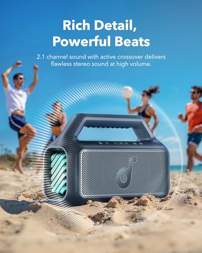 Soundcore Boom 2 by Anker, Outdoor Speaker, 80W, Subwoofer, BassUp 2.0, 24H Playtime, IPX7 Waterproof, Floatable, RGB Lights, USB-C, Custom EQ