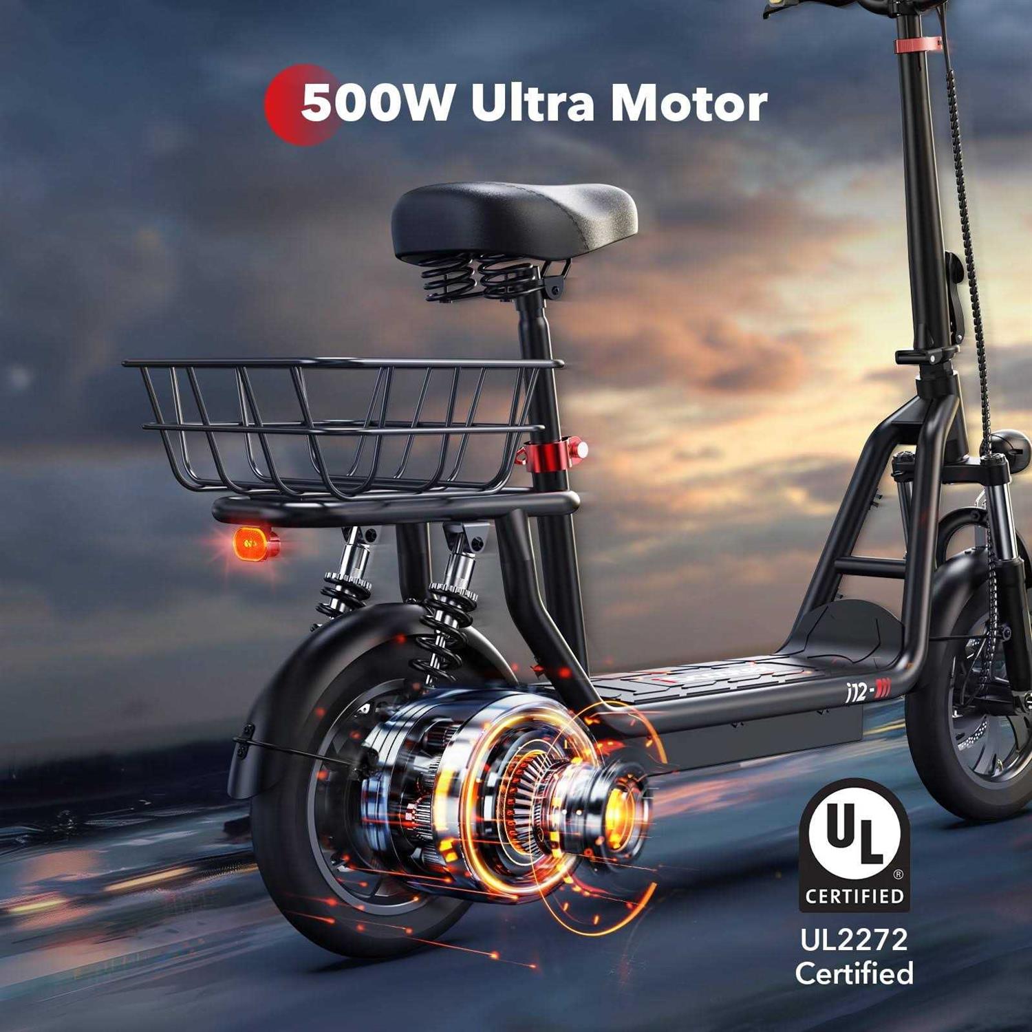 Iscooter 500w Electric Scooter with Seat for Adult, 12 inch Commuter Electric Scooter with Dual Shock Absorbers and Basket