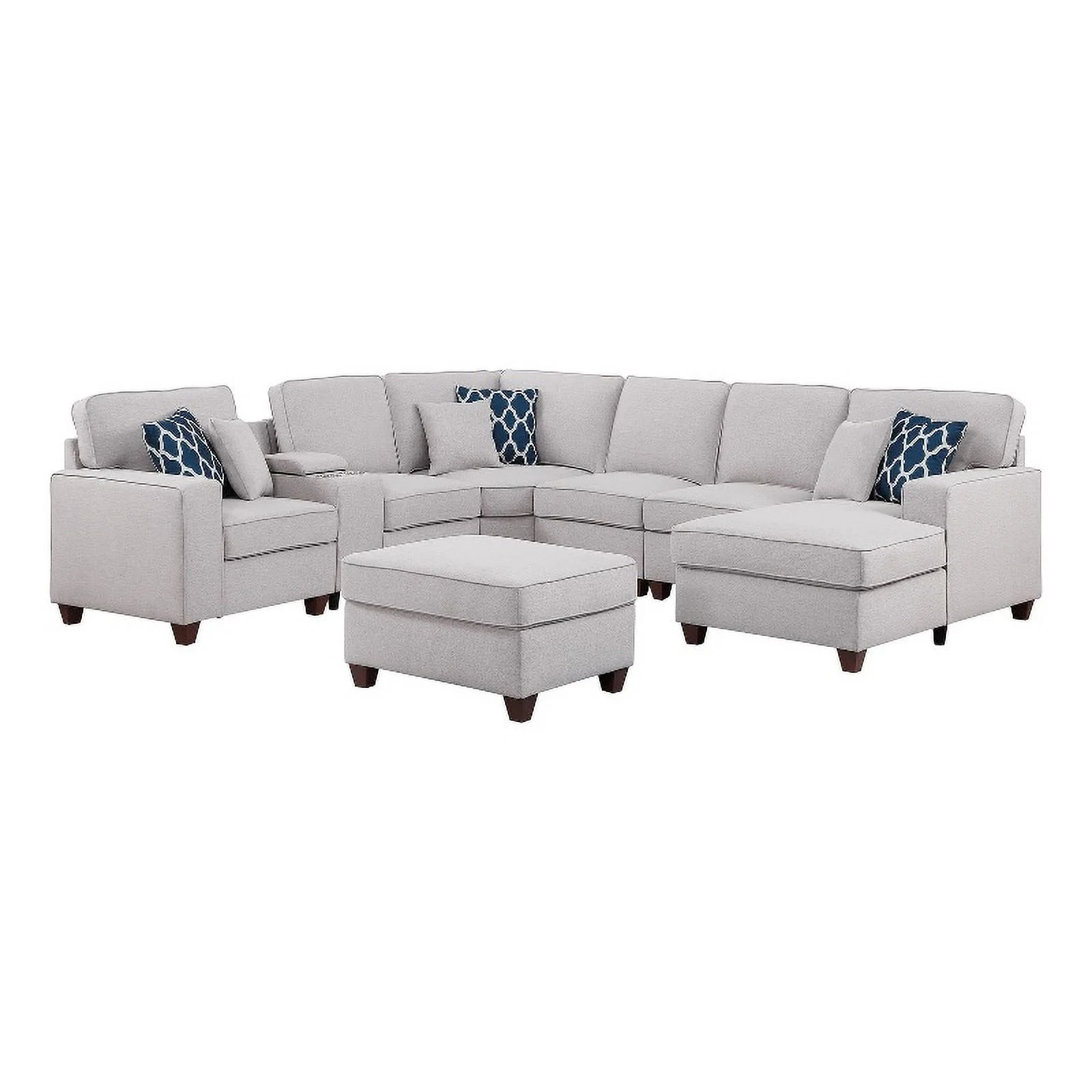 Pemberly Row 8-Piece Fabric Upholstered Sectional w/ Console & Chaise-Light Gray