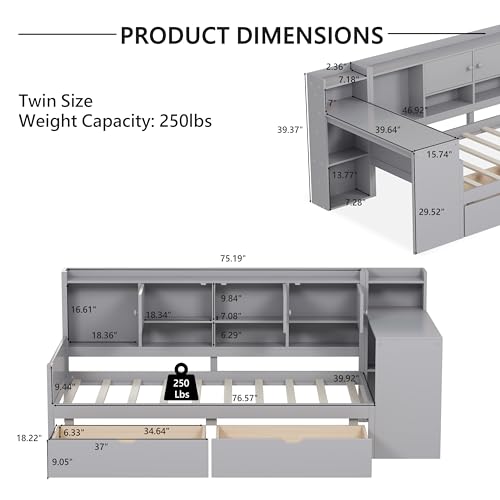 Corner Twin Bed Frame with Bookcase Storage and Desk, Wood Day Beds with 2 Drawers, Twin Size Daybed with Storage for Living Room