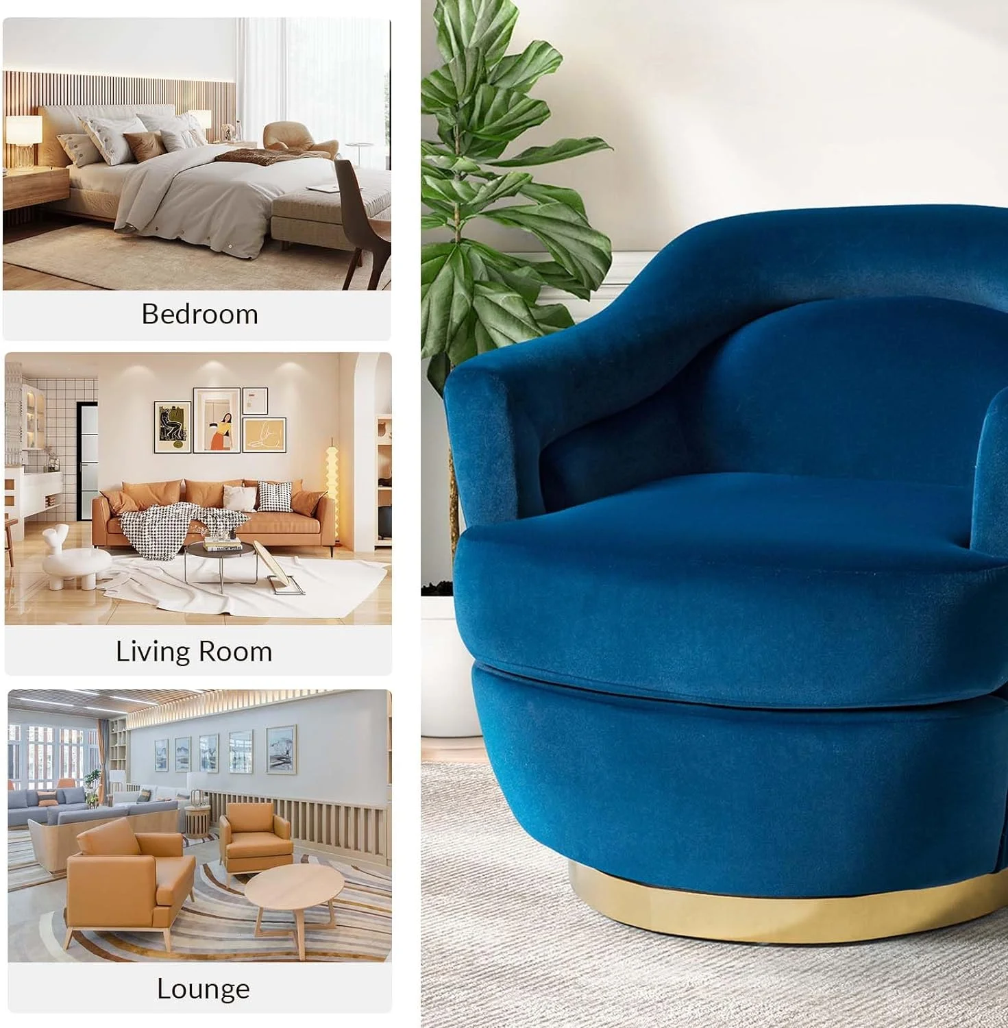 Upholstered 360 Swivel Barrel Chair Round Accent Chair Removable Cushion Single Armchair Club Sofa Metal Base Living Room Bedroom Blue