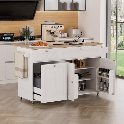 Kitchen Island on Wheels with Storage and Power Outlet, Kitchen Island with Trash Can Storage Cabinet and Drop Leaf, with Spice Rack & Towel Rack