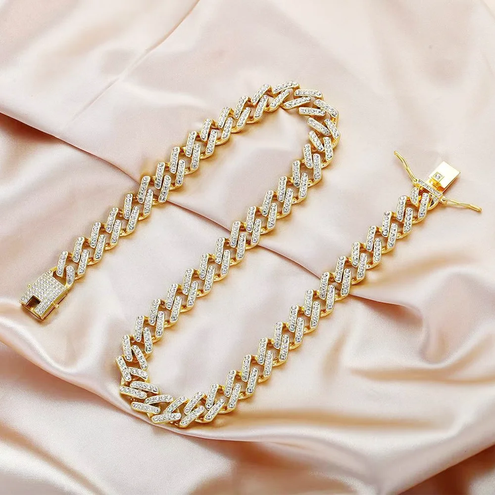 Iced Out Cuban Link Necklace & Bracelet Set (15mm, Gold)