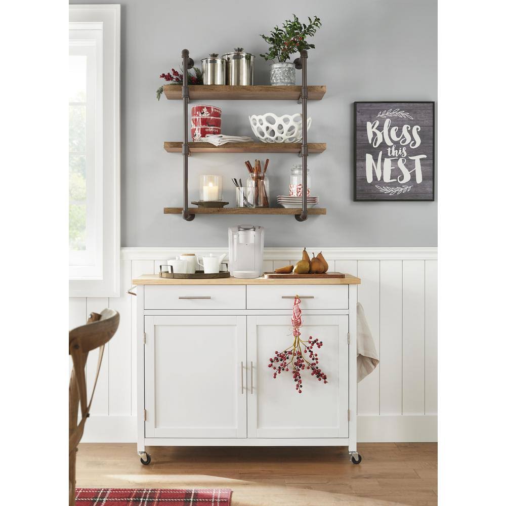 StyleWell Glenville White Kitchen Cart with 2 Drawers, White with Natural Wood Top