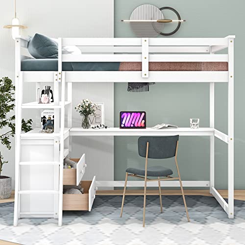Harper & Bright Designs Twin Size Loft Bed with Wardrobe, Desk and Multiple Storage Shelves, Solid Wood Loft Bed Frame with Bookshelf