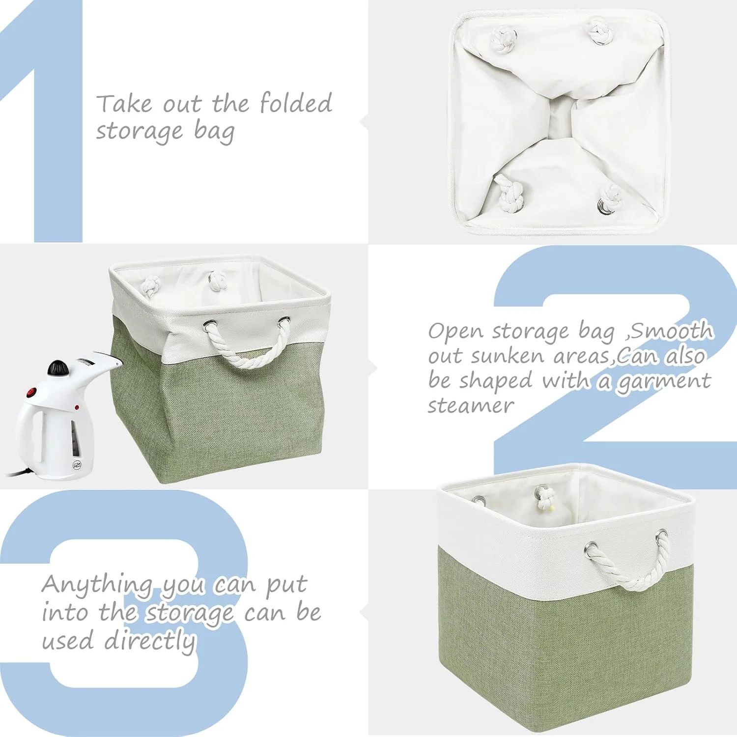 Fabric Cubes Storage Basket, 6 Pack 11x11 in with Handles Foldable Cube Storage Bins, for Shelves, Home, Office, Nursery Organizers (White/ Green)
