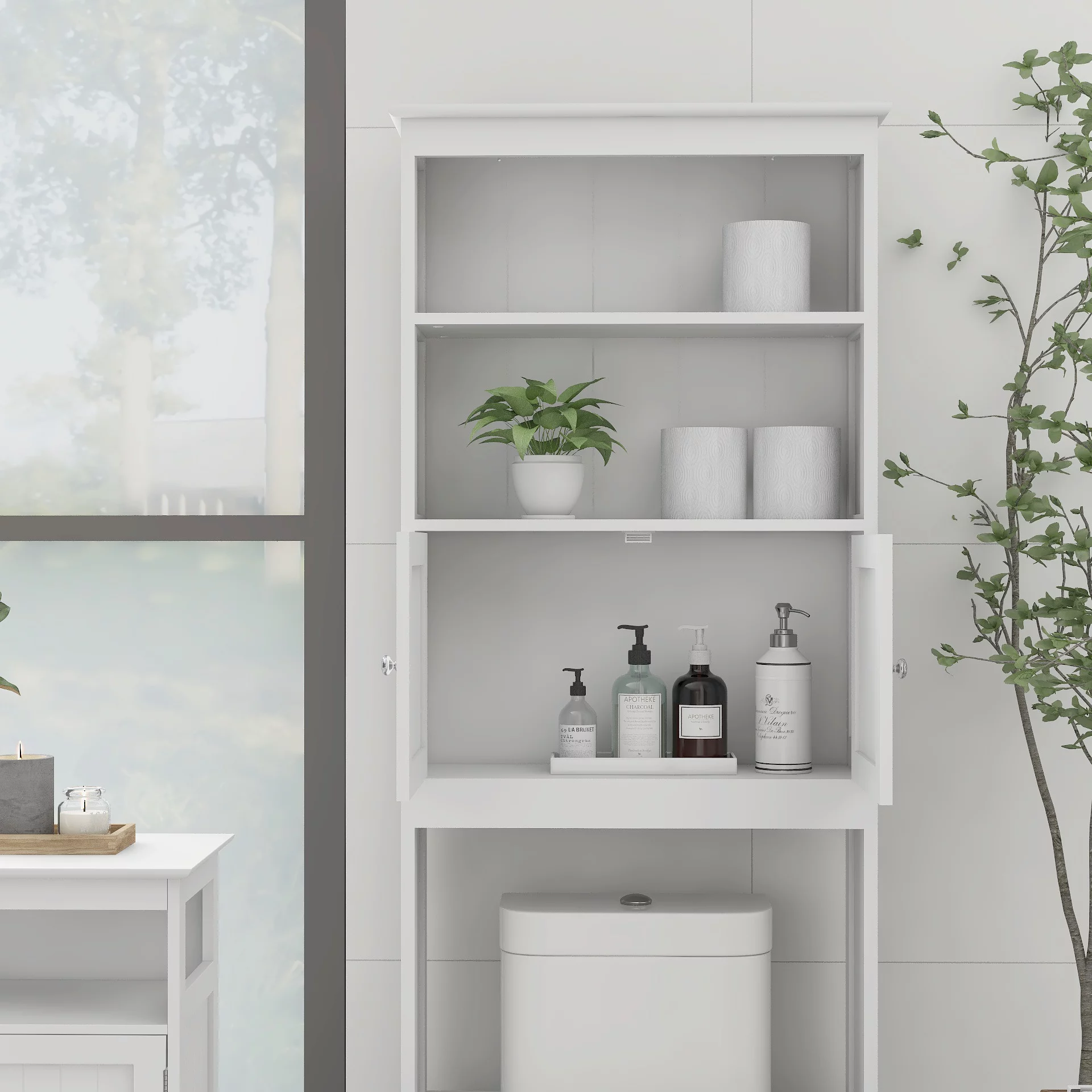 Over The Toilet Rack 2 -Tier Toilet Bathroom Spacesaver Storage Shelf with 2 Doors Wood Storage Organizer Cabinet for Bathroom Freestanding