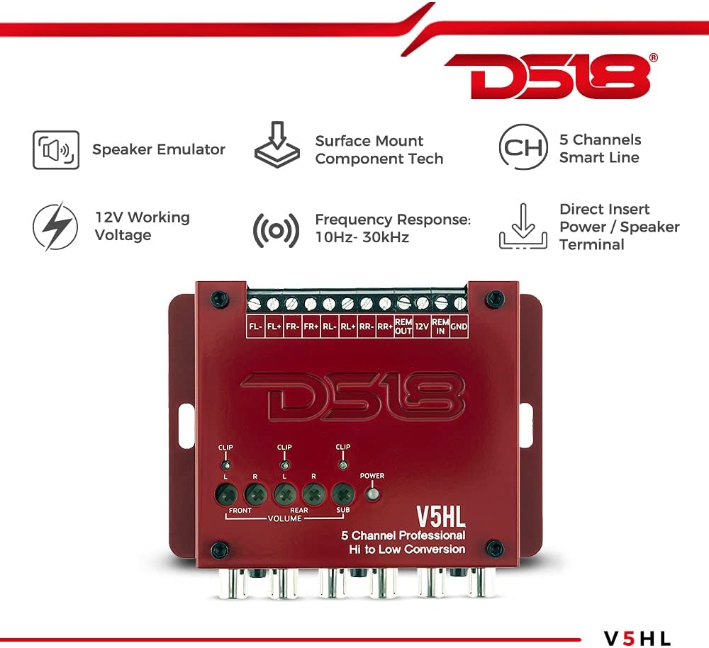 DS18 V5HL 5-Channel Line Out Converter, High-Level Speaker Signal to Low-Level RCA Adapter with Built-in Audio Sensing Technology