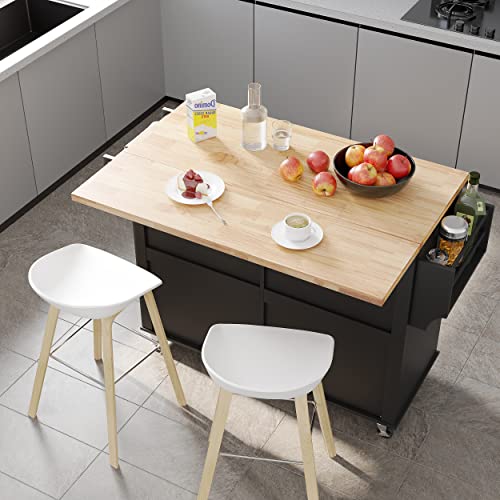 Kitchen Cart with Wood Top and Drop Leaf Breakfast Bar, Rolling Mobile Kitchen Island Table on Wheels with Drawer and Storage Cabinet, Spice Rack