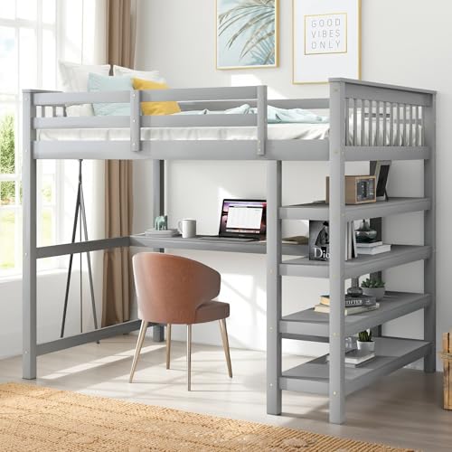 Full Size Loft Bed with L-Shaped Desk, Wardrobe and Storage Shelves, Solid Wood Bedframe w/Safety Guardrails & Ladder for Kids Teens Adults