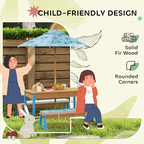 Qaba Kids Picnic Table, Wooden Table and Bench Set with Foldable Umbrella, Removable Cushions & Boxes