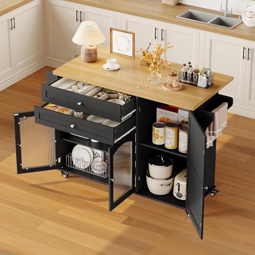 FINETONES Kitchen Island with Storage, Rolling Kitchen Island on Wheels with Wood Drop Leaf Countertop
