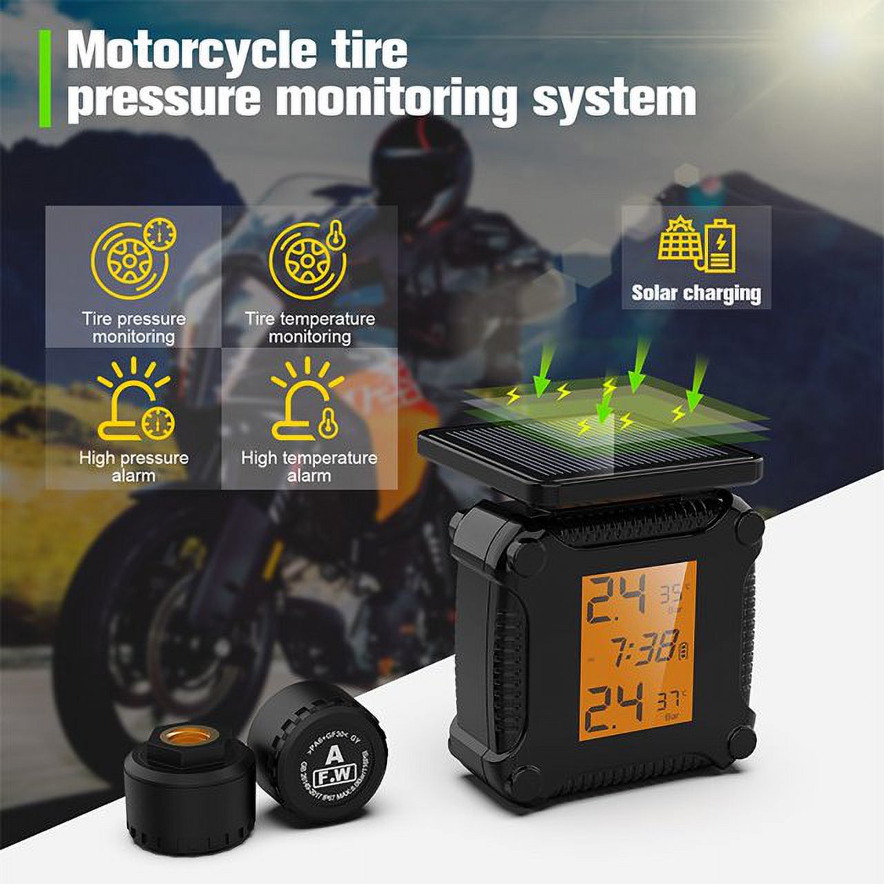 Wireless Tire Pressure Monitoring System (TPMS) for Bicycles and Motorcycles 2-tire Vehicles, Including 2 External Cap sensors