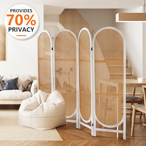 4 Panels Room Divider Wall, Foldable Wooden Room Divider, Individual Privacy Screen Made of Hand-Woven Rattan