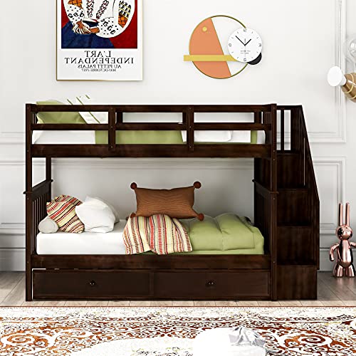 Harper & Bright Designs Twin Over Twin Bunk Bed with Stairs and Trundle, Solid Wood Stairway Bunk Bed Frame with Storage