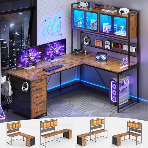 SEDETA L Shaped Gaming Desk with Drawers, L Shaped Computer Desk with Hutch and Storage Shelves, Gaming Desk with Pegboard, Led Lights