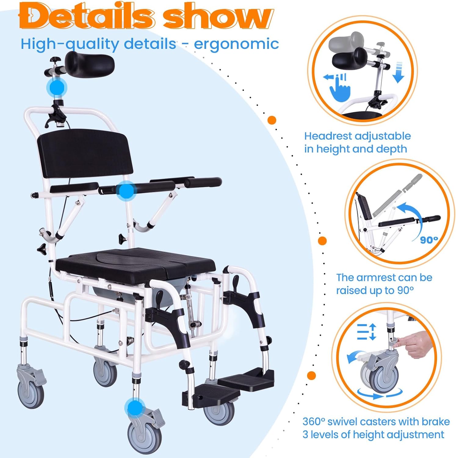 Upgrade Cushion-Juiwere Shower Chair with Arms and Back,Reclining Shower Chair with Wheels,Tilt 45° Shower Wheelchair with Headrest