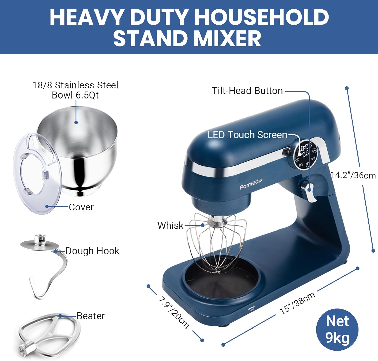 Stand Mixer: 6.5 Quart All Metal Mixer with LED Touch Display -600W 10-Speed Tilt-Head Mixer with Stainless Steel Bowl with Cover, Dough Hook, Beater