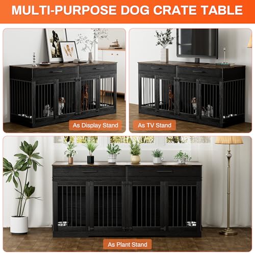Rophefx 72" Dog Crate Furniture for 2 Dogs, Large Double Dog Kennel Indoor Furniture with 2 Storage Drawers and Removable Divider