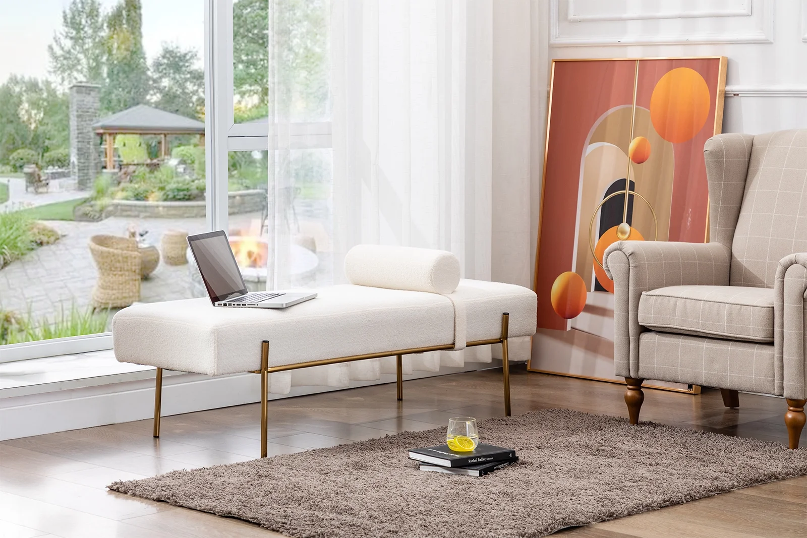 55" White End of Bed Bench, Modern Faux Fur Upholstered Ottoman Bench Seat with Gold Legs