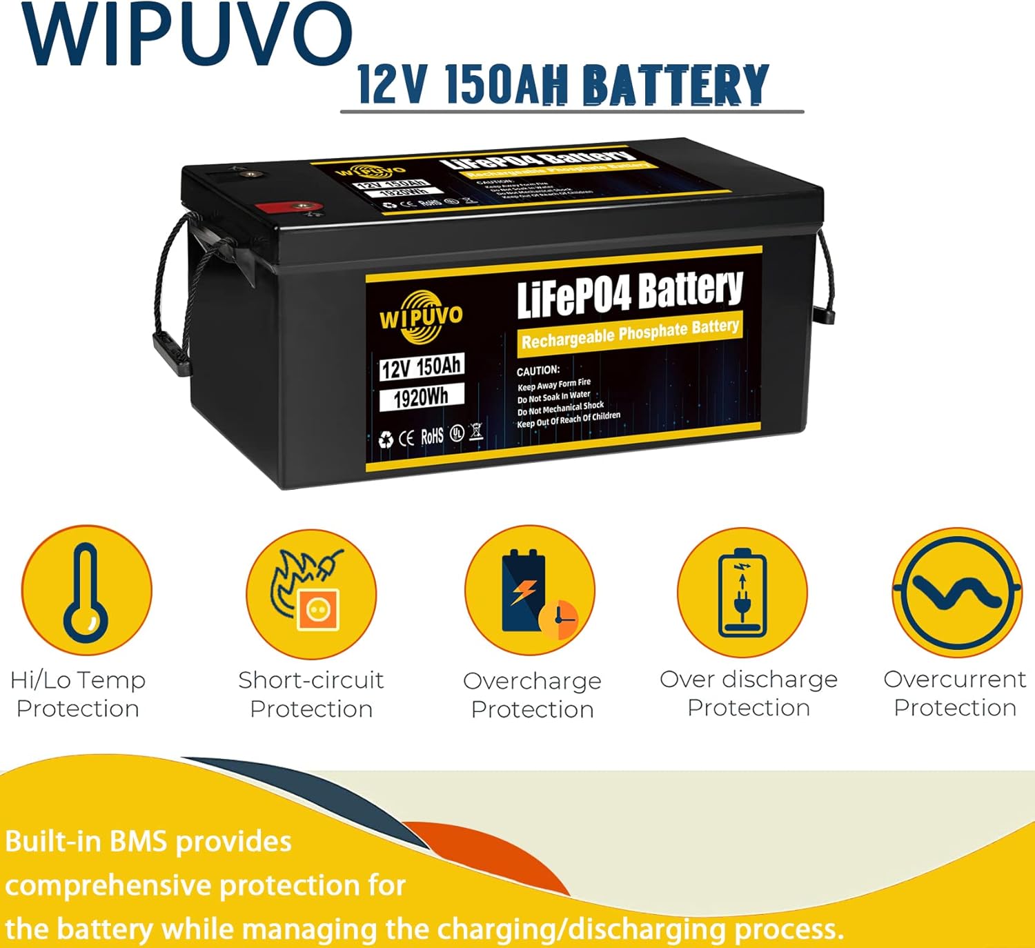 WIPUVO 12V 100Ah Lithium Battery LiFePO4 Deep Cycle Rechargeable Battery Pack with Built in BMS Perfect for RV Solar and Off Grid Applications