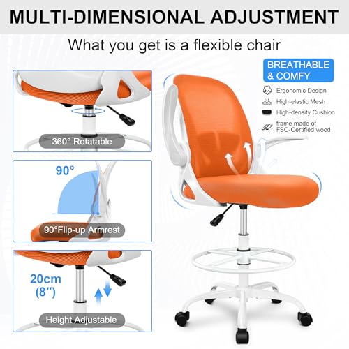 Primy Drafting Chair Tall Office Chair with Flip-up Armrests Executive Ergonomic Computer Standing Desk Chair with Lumbar Support and Adjustable